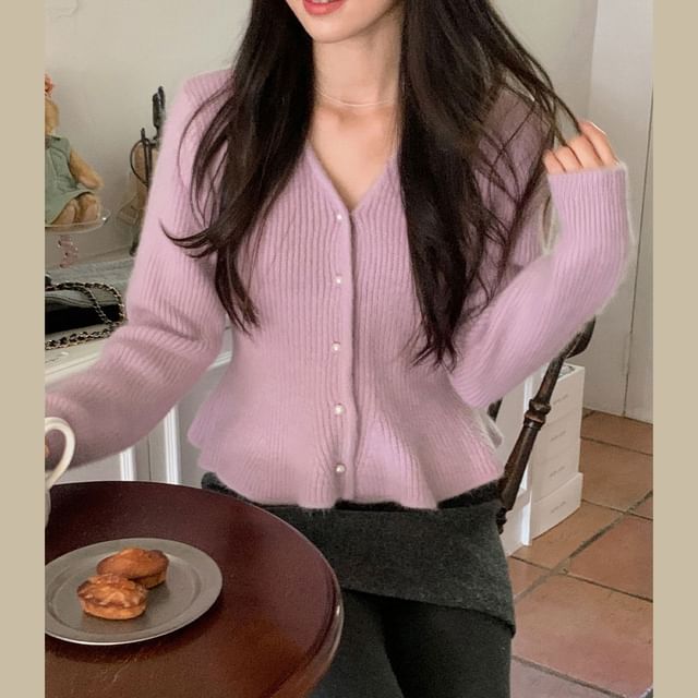 V-Neck Faux Pearl Button-Front Cardigan