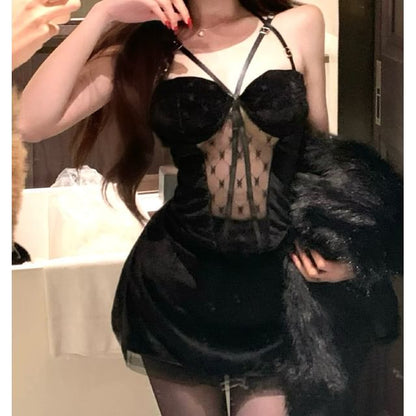 Patterned Mesh Panel Strappy Camisole Top / High Waist Plain Mini Pencil Skirt / Faux Fur Jacket