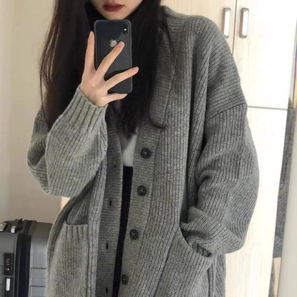 V-Neck Solid Pocket Ribbed Oversized Cardigan