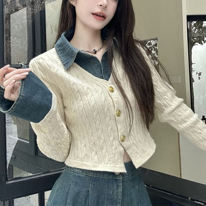Flared-Sleeve Collar Denim Panel Cable-Knit Cardigan & High Rise Denim Maxi Skirt Set