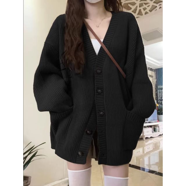 V-Neck Solid Pocket Ribbed Oversized Cardigan