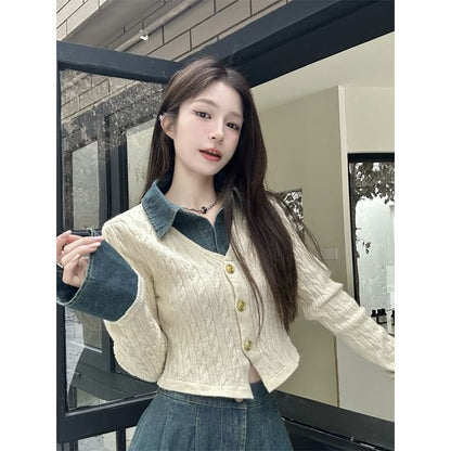 Flared-Sleeve Collar Denim Panel Cable-Knit Cardigan & High Rise Denim Maxi Skirt Set