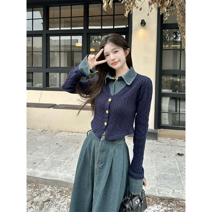 Flared-Sleeve Collar Denim Panel Cable-Knit Cardigan & High Rise Denim Maxi Skirt Set