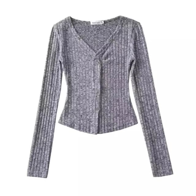 V-Neck Ribbed Solid Crop Cardigan