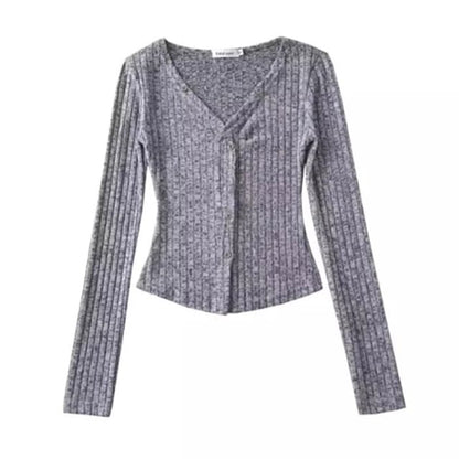 V-Neck Ribbed Solid Crop Cardigan