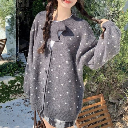 Tie-Neck Dotted Button-Front Cardigan