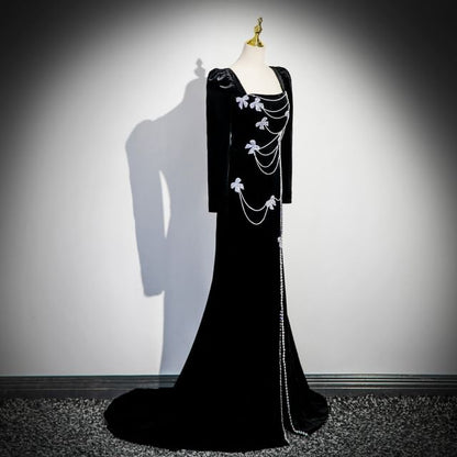 Long-Sleeve Square Neck Bow Rhinestone Velvet Trumpet Evening Gown