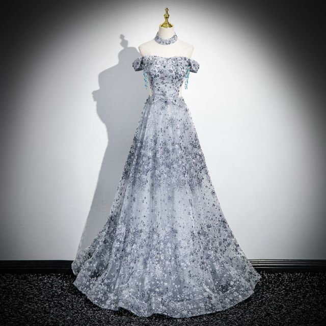 Sleeveless Off-Shoulder Floral Sequin Cutout A-Line Evening Gown