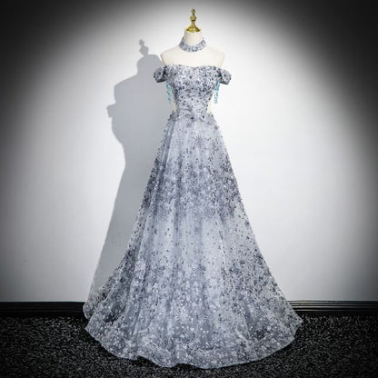 Sleeveless Off-Shoulder Floral Sequin Cutout A-Line Evening Gown