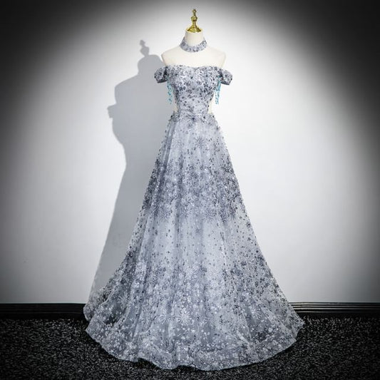 Sleeveless Off-Shoulder Floral Sequin Cutout A-Line Evening Gown