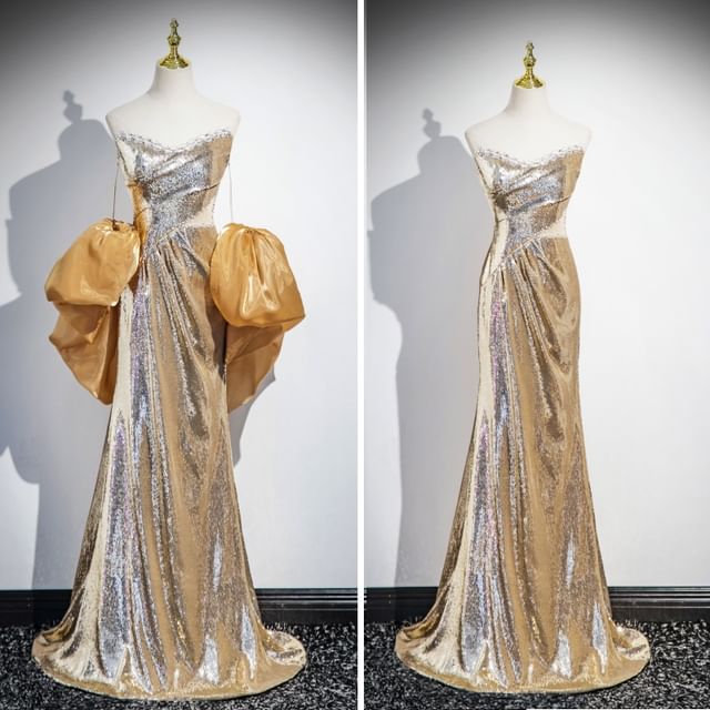 Evening Off-Shoulder Sheath Sequin Puff-Sleeve Gown