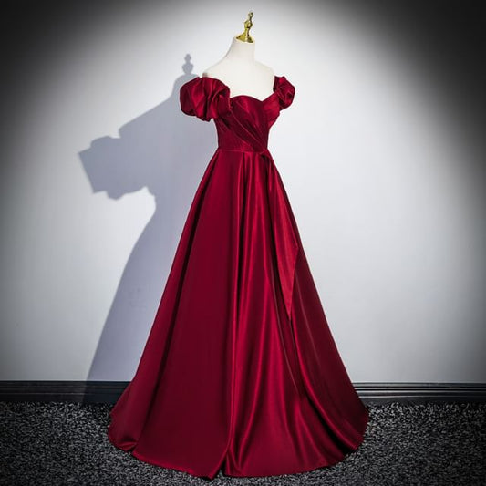 Evening Plain A-Line Puff-Sleeve Gown