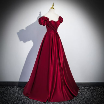 Puff-Sleeve Plain A-Line Evening Gown