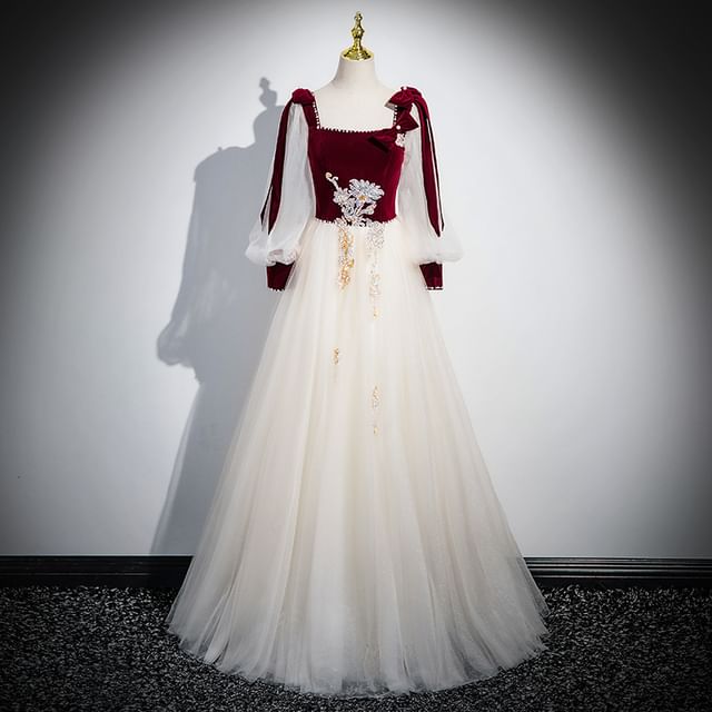 Velvet Long-Sleeve Gown Panel Sequin Tulle Evening A-Line Floral