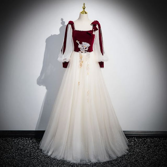 Long-Sleeve Floral Sequin Velvet Panel Tulle A-Line Evening Gown