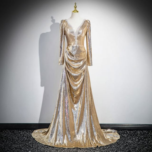 Long-Sleeve V-Neck Gown Sequin Evening A-Line