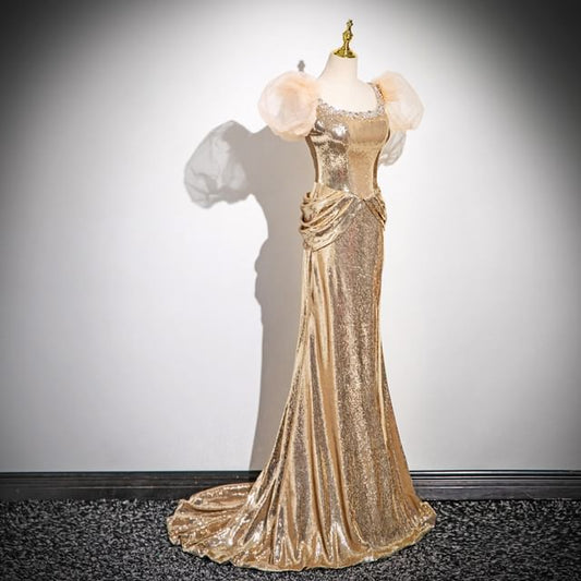 Puff-Sleeve Sequin Sheath Gown Evening