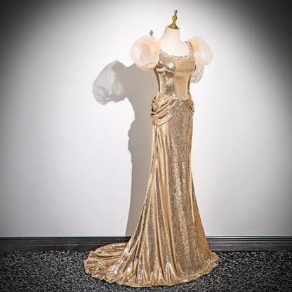 Puff-Sleeve Sequin Sheath Evening Gown