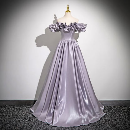 Off-Shoulder Evening Ruffle Gown Trim Plain A-Line