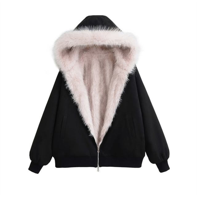 Reversible Hood Faux Fur Zip Jacket