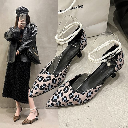 Pointed Leopard Print Ankle Strap Kitten Heel Sandals