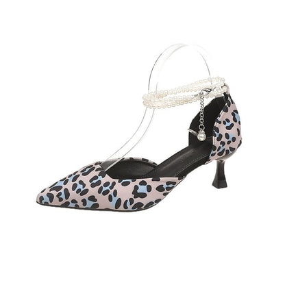 Pointed Leopard Print Ankle Strap Kitten Heel Sandals