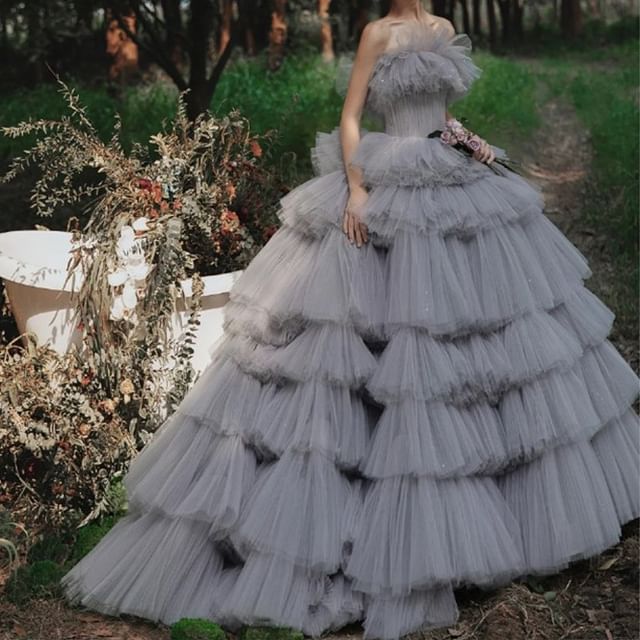 Strapless Plain Ruffle Sequin Tiered A-Line Ball Gown