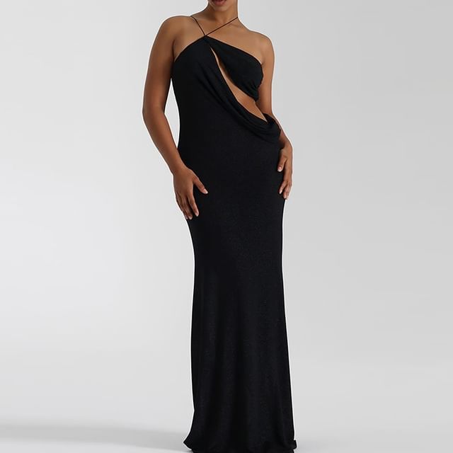 Halter-Neck Asymmetrical Plain Cutout A-Line Evening Gown