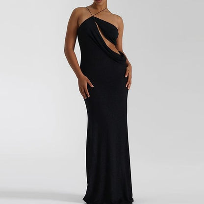 Halter-Neck Asymmetrical Plain Cutout A-Line Evening Gown