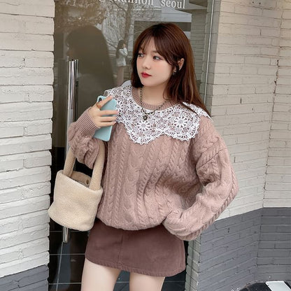 Plus Size Crewneck Lace Panel Cable Knit Plain Sweater