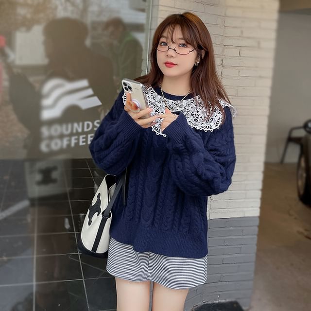 Plus Size Crewneck Lace Panel Cable Knit Plain Sweater