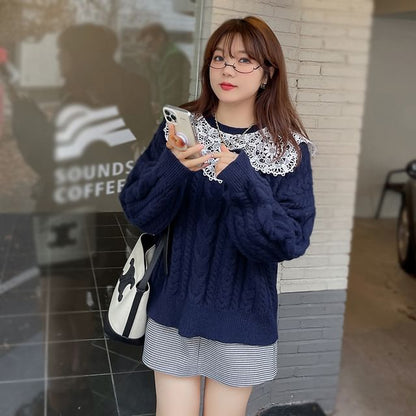 Plus Size Crewneck Lace Panel Cable Knit Plain Sweater