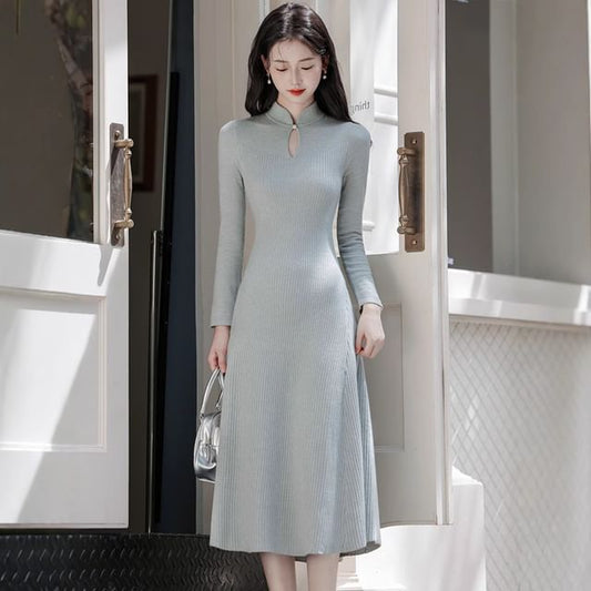 Long-Sleeve Stand Collar Plain Cutout Midi Knit Dress