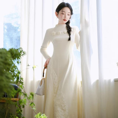 Long-Sleeve High Neck Plain Floral Top / Long-Sleeve High Neck Plain Midi Knit Dress