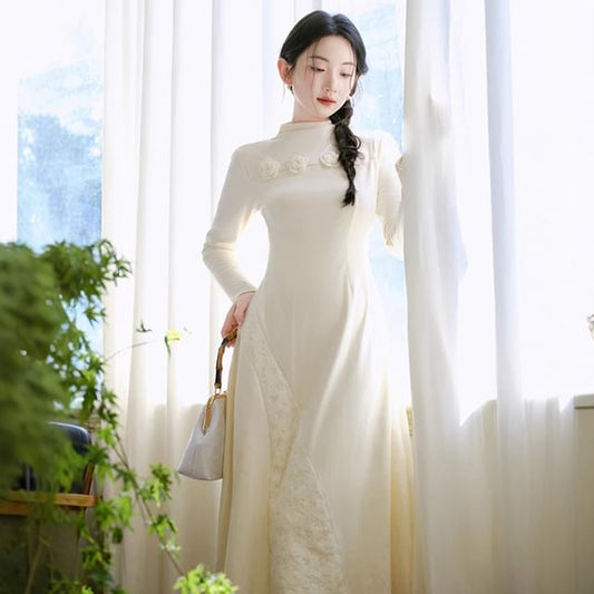 Long-Sleeve High Neck Plain Floral Top / Long-Sleeve High Neck Plain Midi Knit Dress
