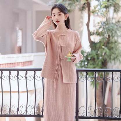 Set: Plain Ribbed Frog Buttoned Knit Top + High Waist Midi A-Line Skirt