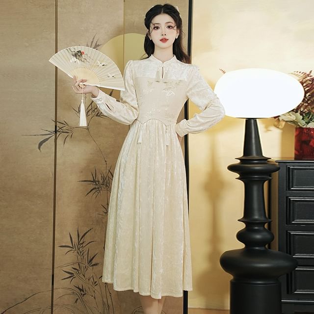 Puff-Sleeve Floral Jacquard Paneled Midi A-Line Dress / Jacket