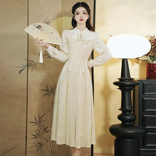 Puff-Sleeve Floral Jacquard Paneled Midi A-Line Dress / Jacket