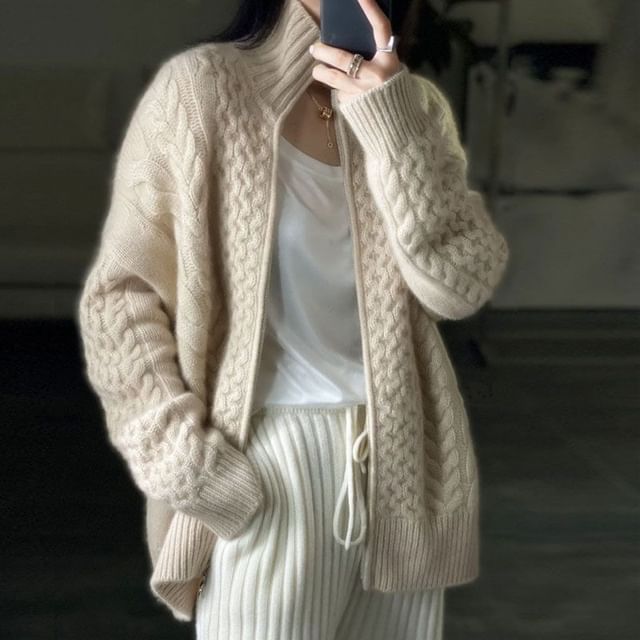 Mandarin Collar Solid Cable Knit Zip Cardigan