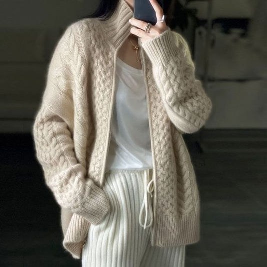 Mandarin Collar Solid Cable Knit Zip Cardigan