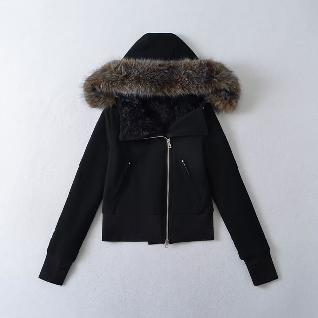 Fluffy Hooded Plain Asymmetrical Zip Up Cropped Jacket