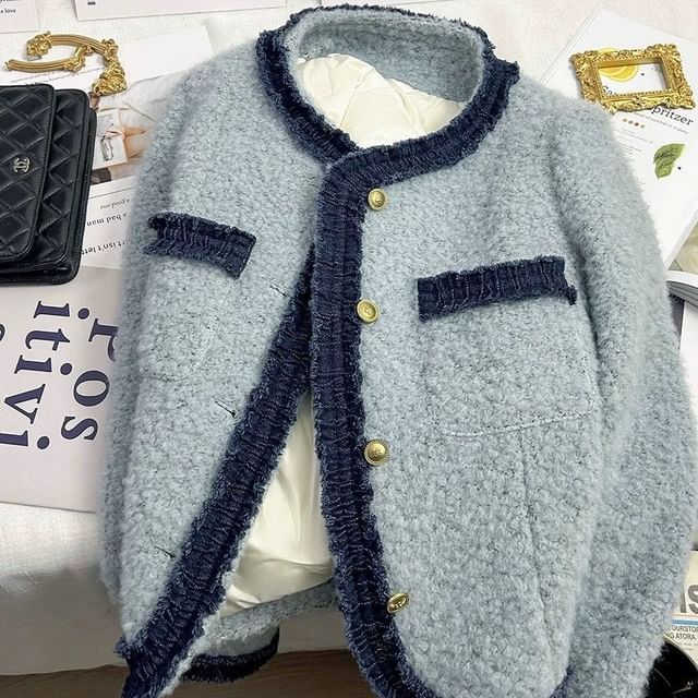 Boucle Round Neck Jacket Button Panel Denim