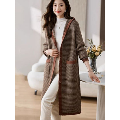 Hooded Contrast Trim Single Breasted Long Cardigan