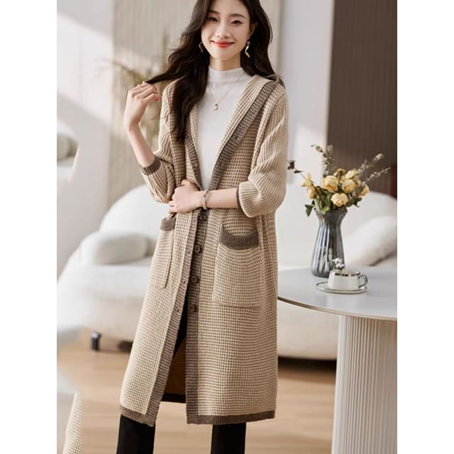 Hooded Contrast Trim Single Breasted Long Cardigan