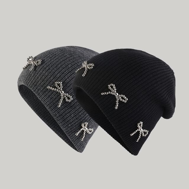 Metallic Bow Studded Knit Beanie