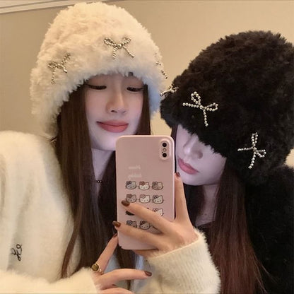 Metallic Bow Studded Chenille Beanie