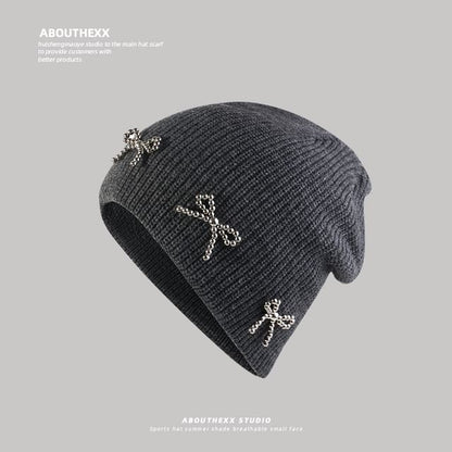 Metallic Bow Studded Knit Beanie