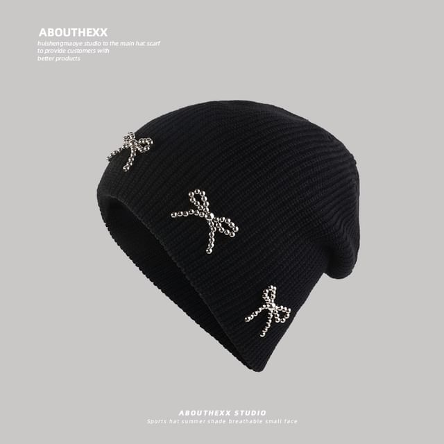Metallic Bow Studded Knit Beanie