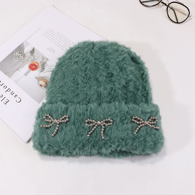 Metallic Bow Studded Chenille Beanie