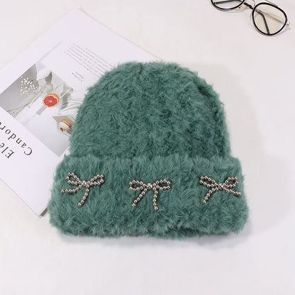 Metallic Bow Studded Chenille Beanie